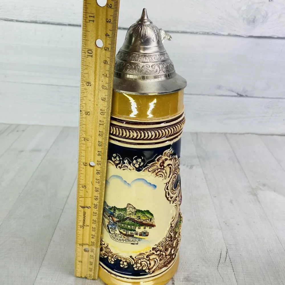Vintage Original King Western Germany OBERAMMERGAU Handled Lidded 700 Beer Stein
